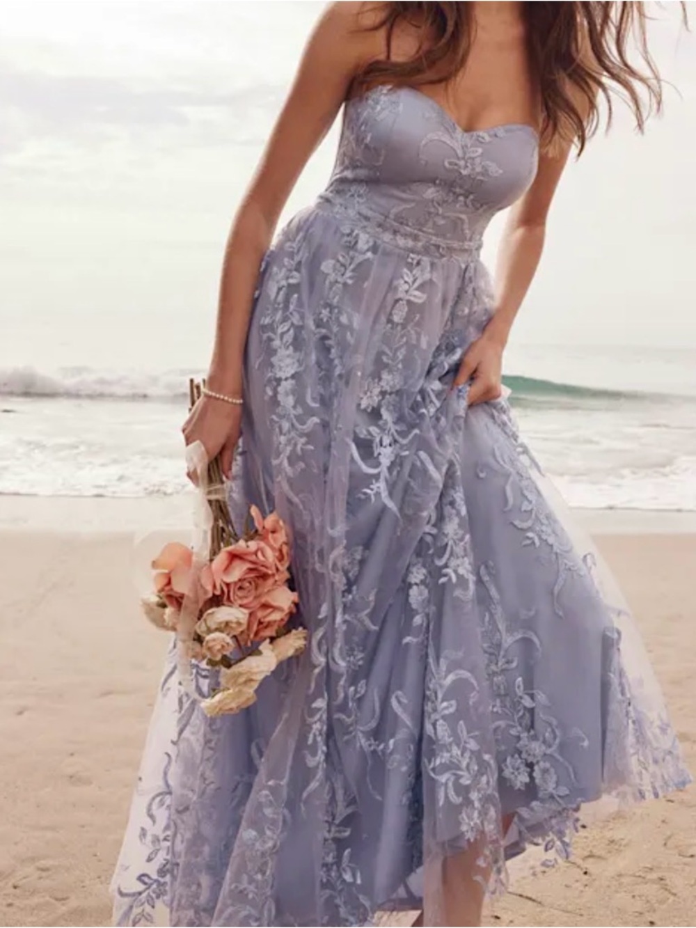 Lulu's Andria Slate Blue Embroidered Strapless Maxi Dress